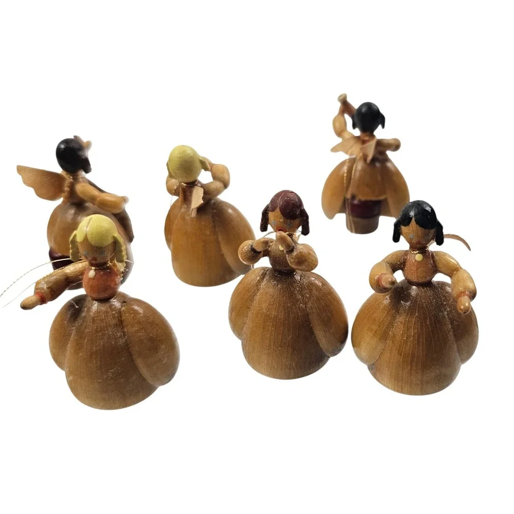 Vintage Hand Carved Wooden Musical Angel Orchestra Figurine Set of 6 Folk Art